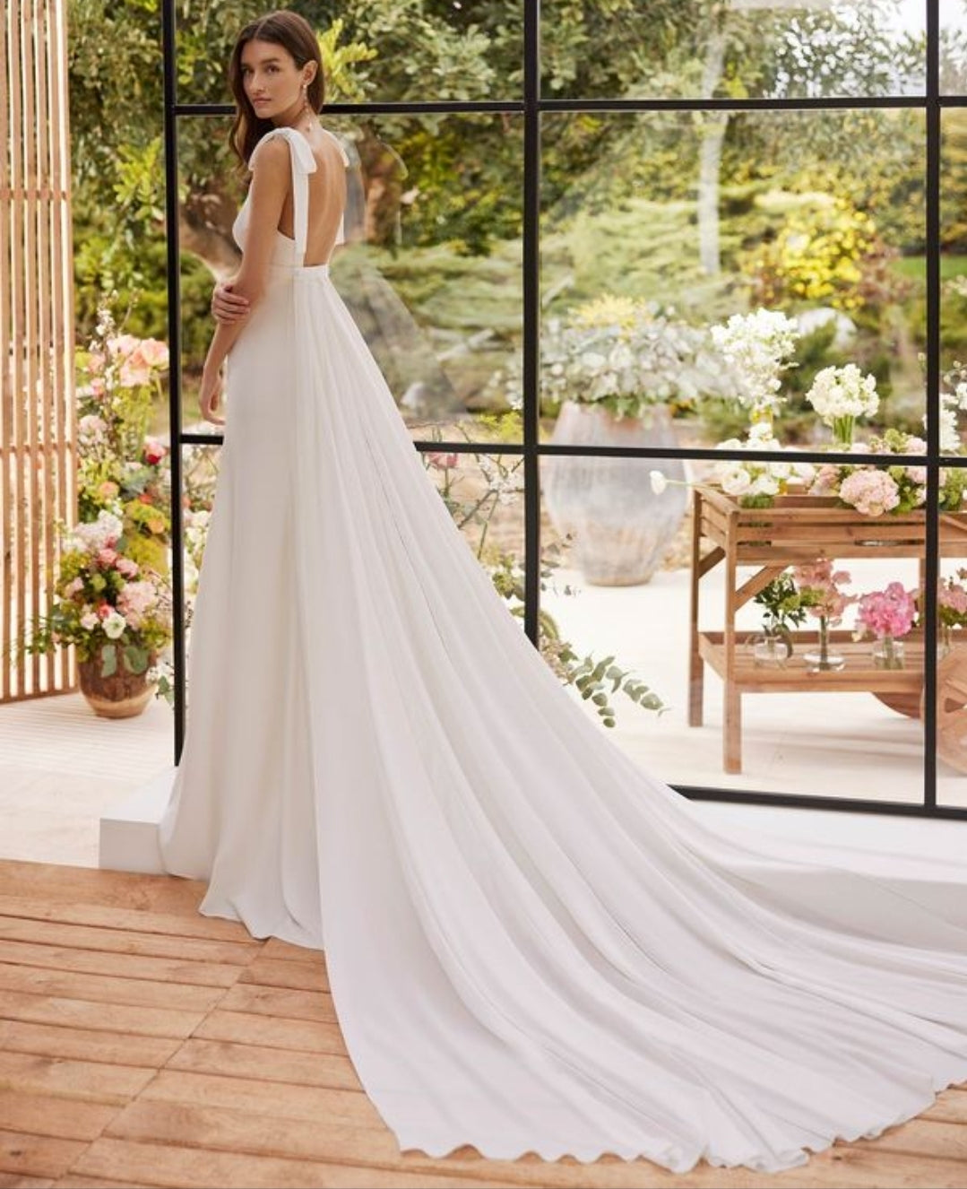 Crepe Sweet 2 Piece Sheath Wedding Gown With Detachable Train, Square Neckline And Open Back