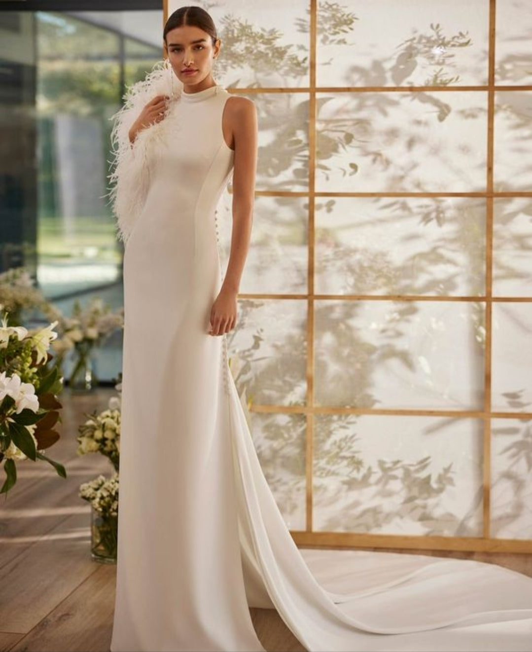 Modern Crepe Halter Neckline Sheath Bridal Gown With Open Back