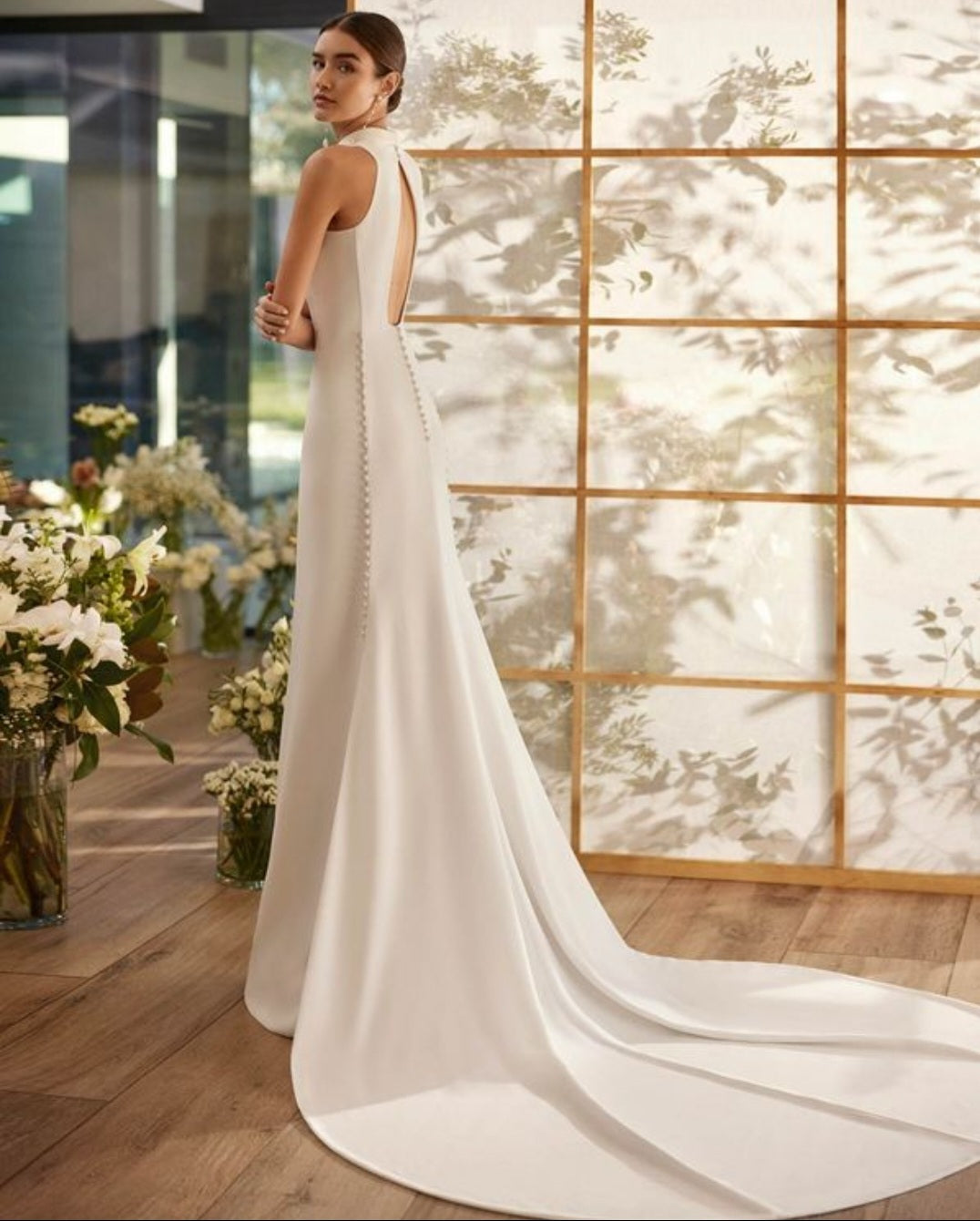 Modern Crepe Halter Neckline Sheath Bridal Gown With Open Back