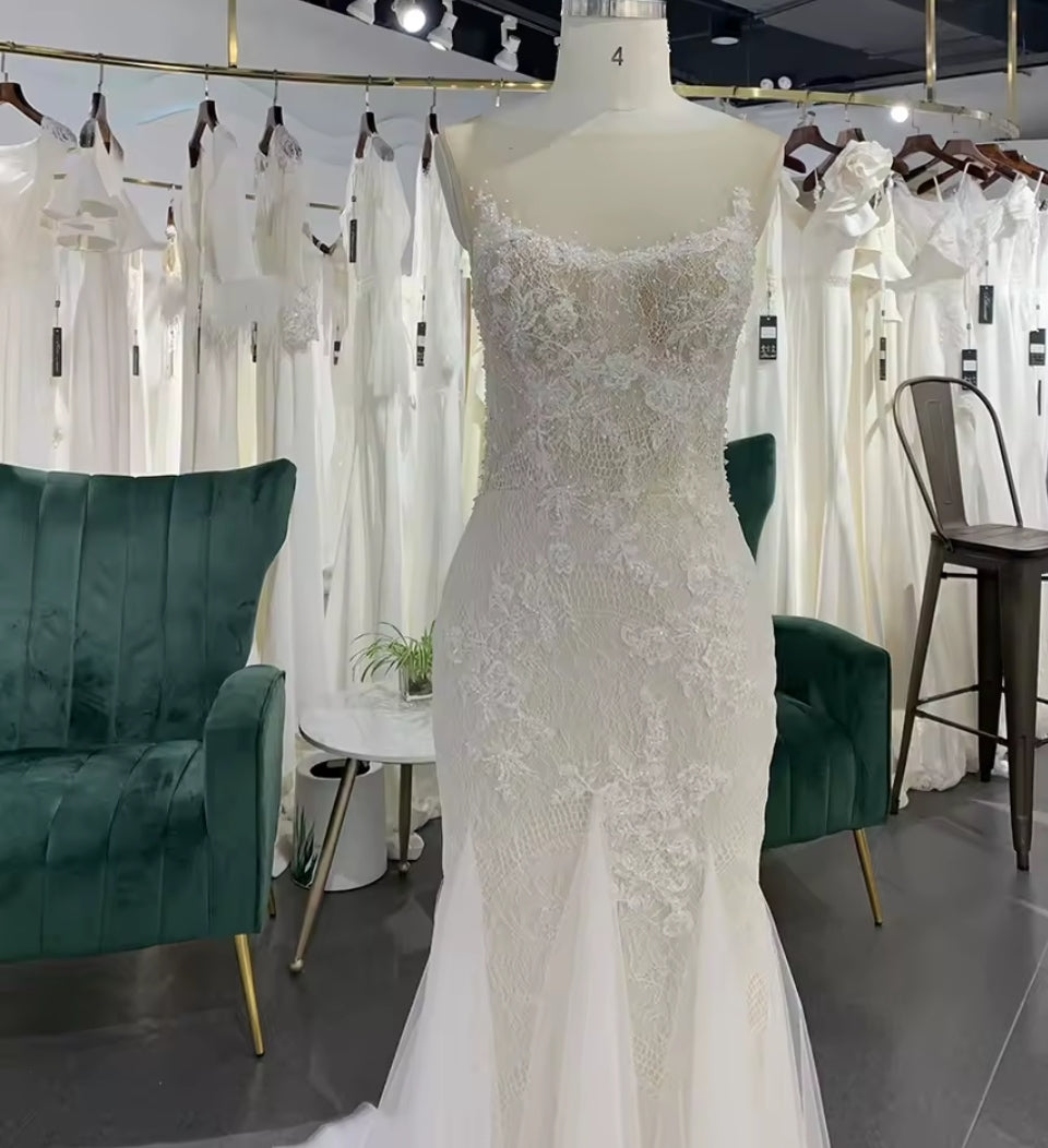 Beautiful Ivory Beaded Vintage Lace Ilusion V-Neckline Mermaid Bridal And Ceremonial Gown