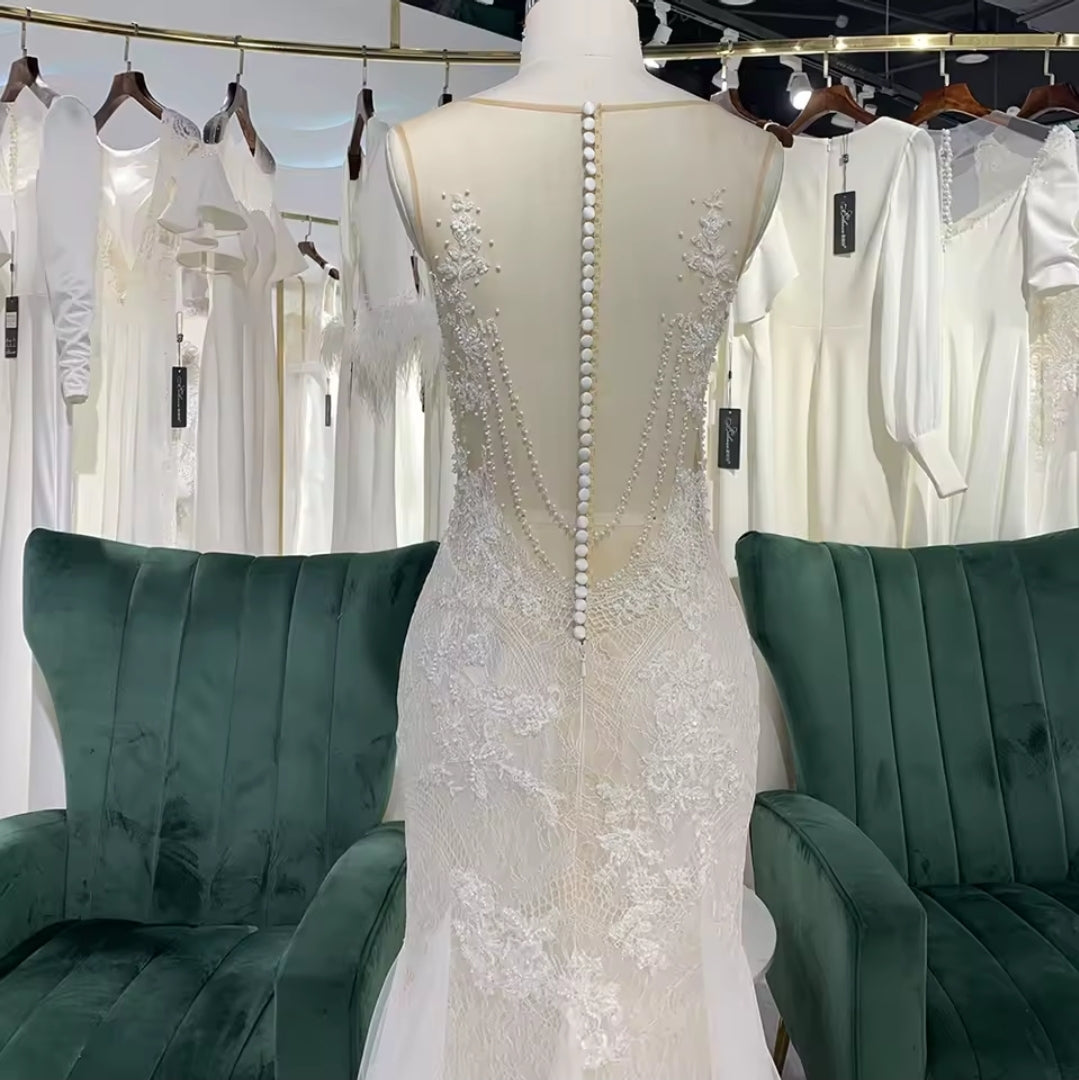 Beautiful Ivory Beaded Vintage Lace Ilusion V-Neckline Mermaid Bridal And Ceremonial Gown
