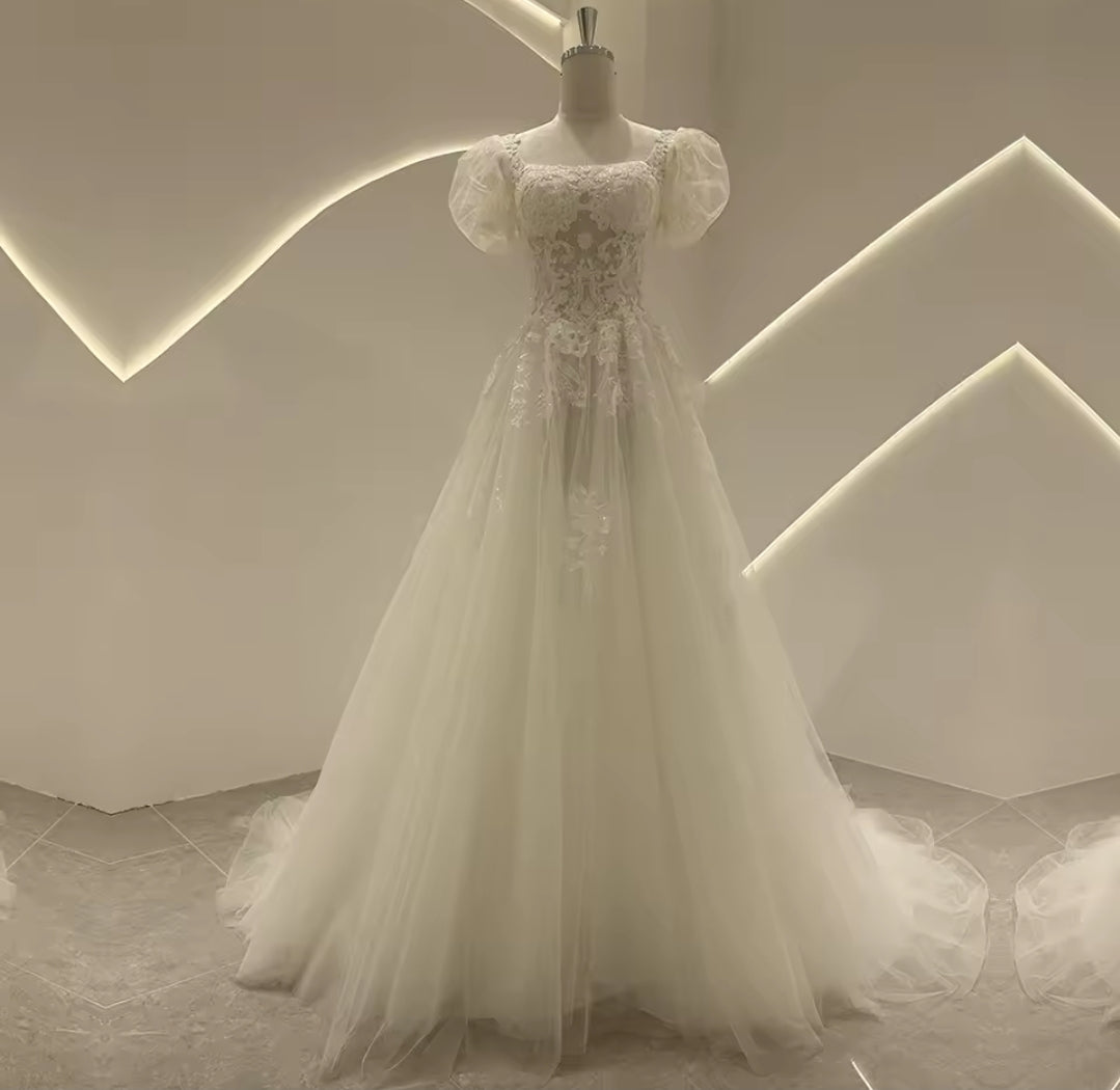 Square Neckline Short Puff Sleeve Lace Bodice A-Line Bridal Gown