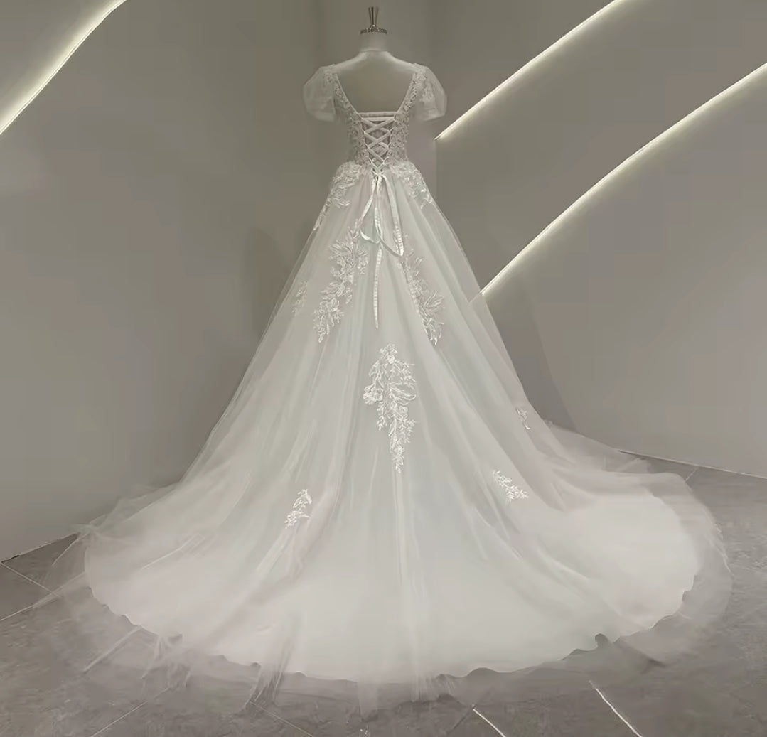 Square Neckline Short Puff Sleeve Lace Bodice A-Line Bridal Gown