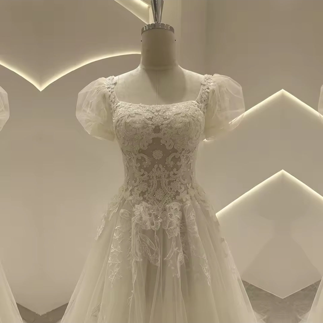 Square Neckline Short Puff Sleeve Lace Bodice A-Line Bridal Gown