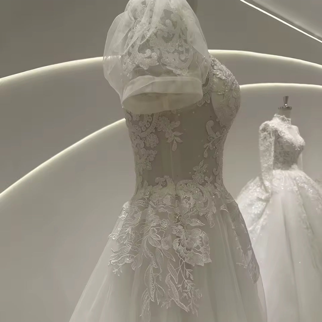 Square Neckline Short Puff Sleeve Lace Bodice A-Line Bridal Gown