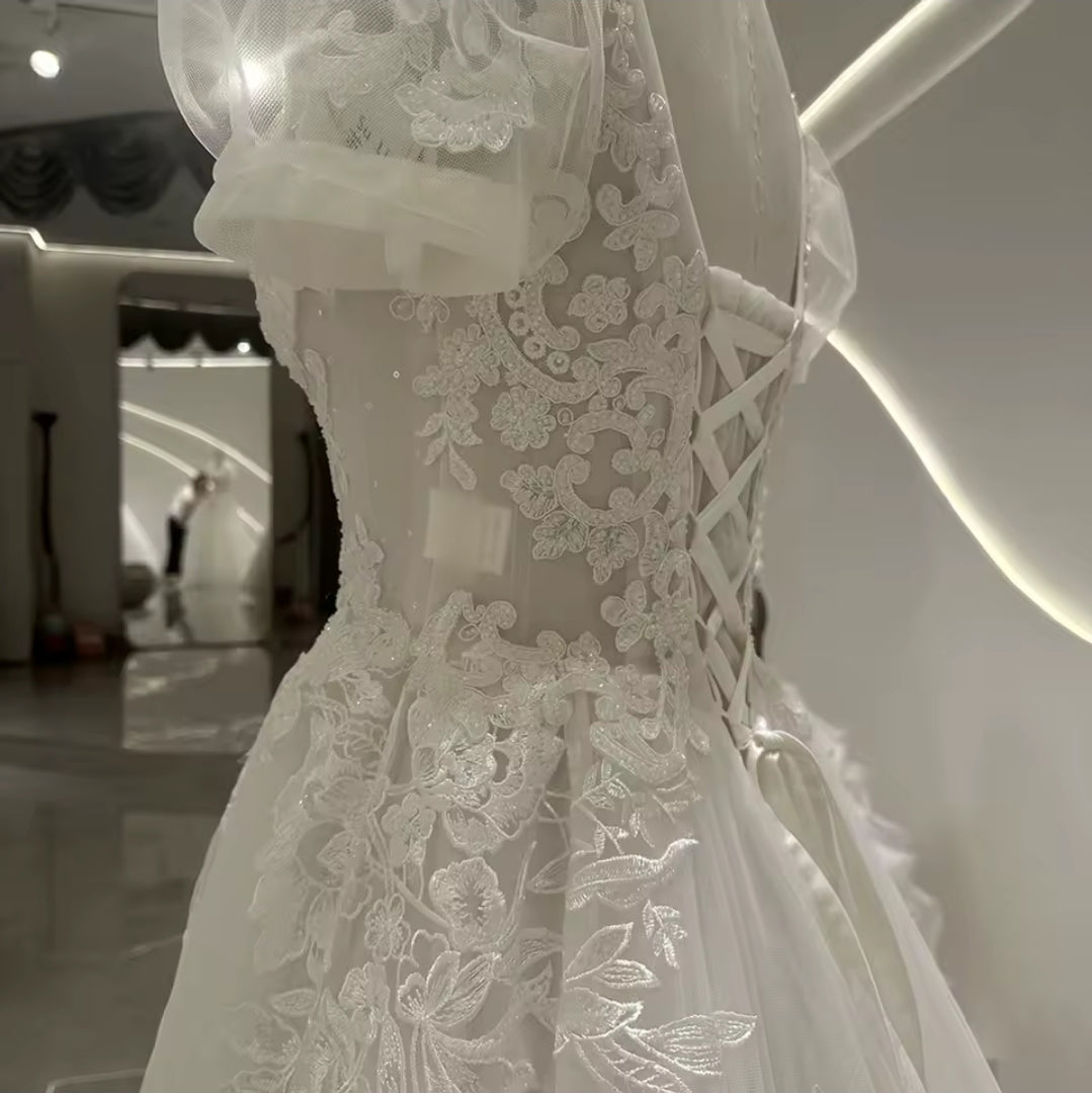 Square Neckline Short Puff Sleeve Lace Bodice A-Line Bridal Gown