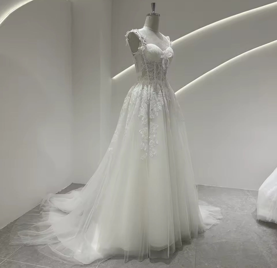 Sequin Floral Leaf Appliqué Strap Lace Sweetheart Bridal And Ceremonial Gown With Center Bow Detail And 50 CM Train