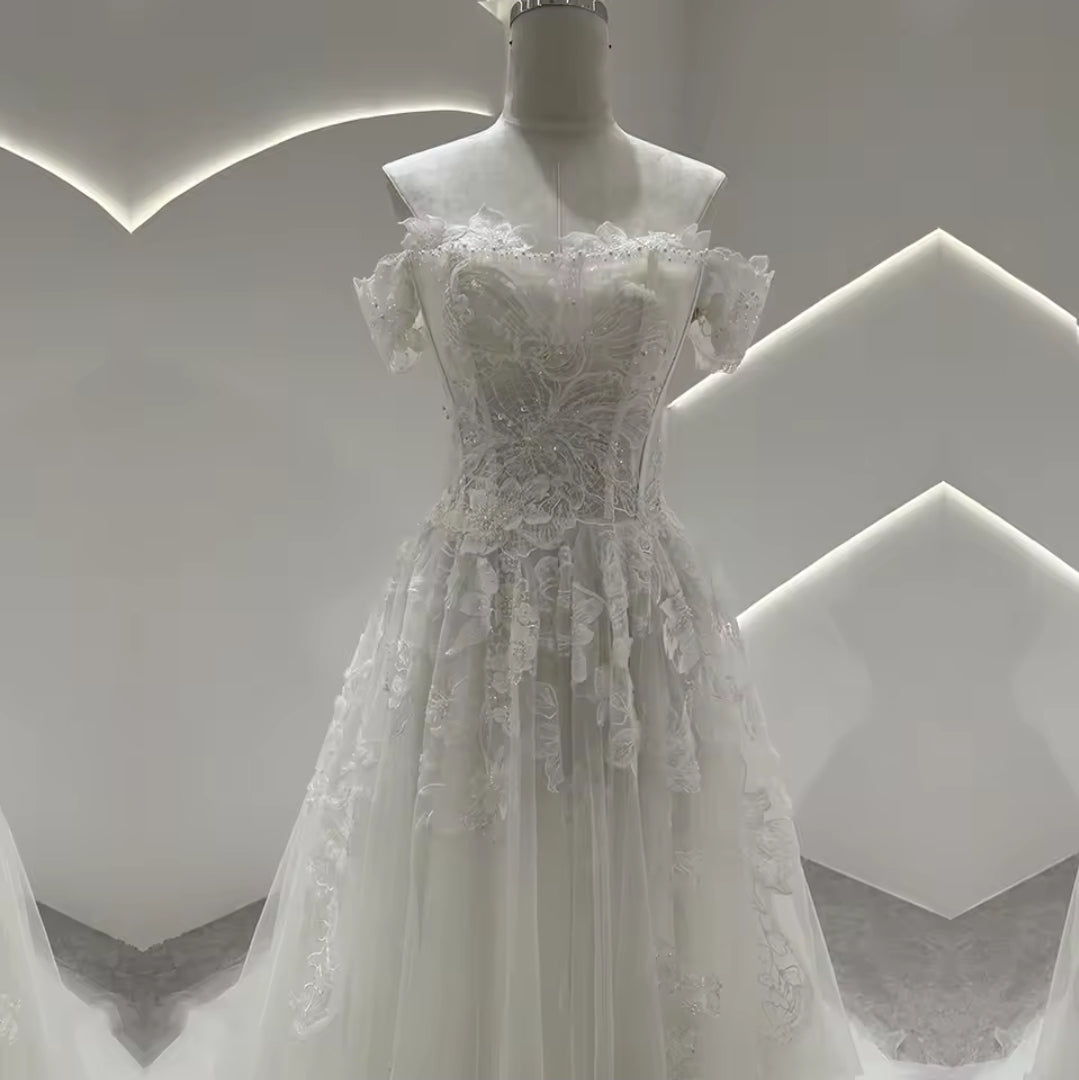 Multi Beaded Off Th Shoulder Floral Lace Appliqué Underlay Detail Sequin Lace Bodice A-Line Gown With 50 CM Train