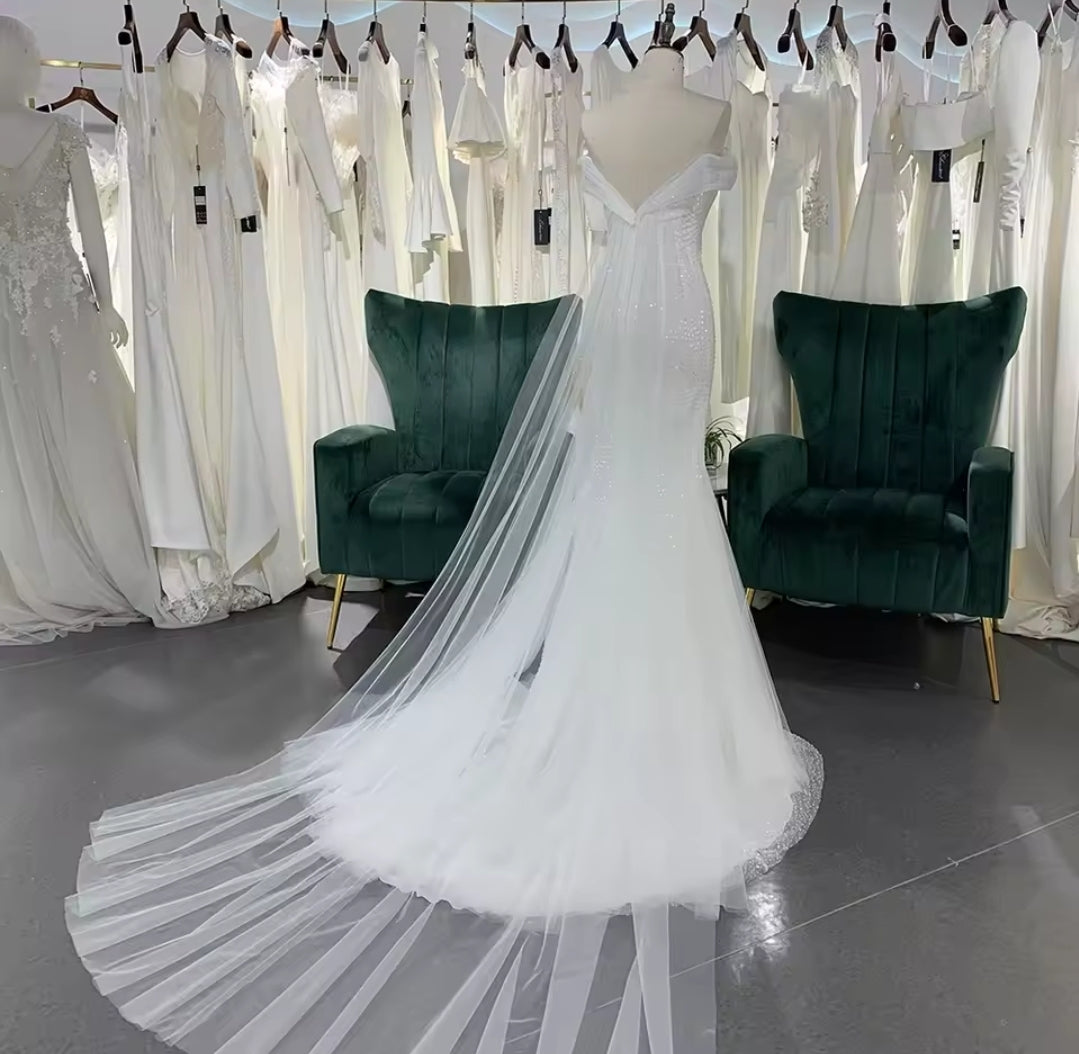Pleated Off The Shoulder Sweetheart Sequinned Trumpet Bridal & Ceremonial Gown With Front Floral Beaded Embellishment And Back Train