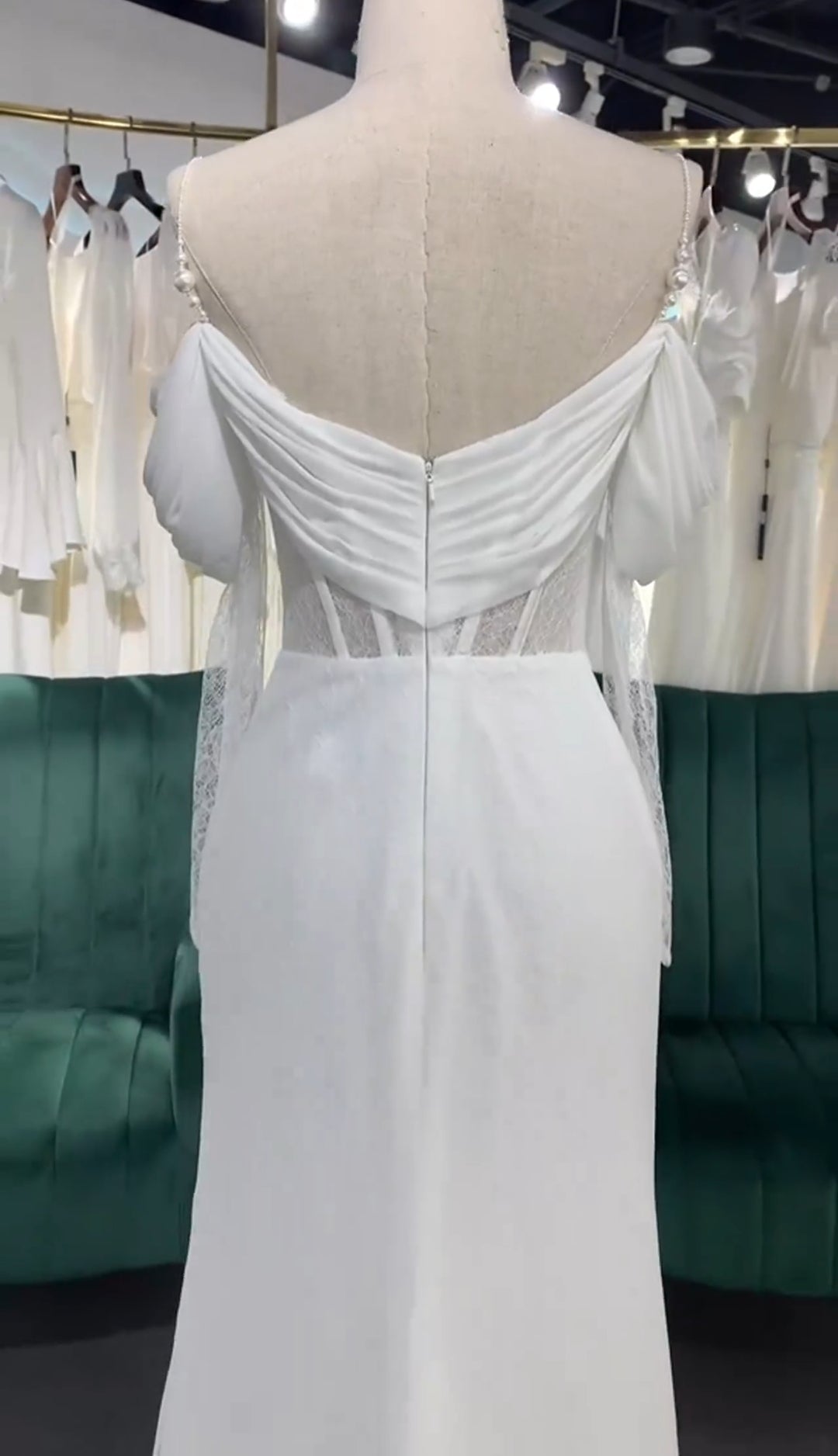 Multi Sized Pearl Beaded Spaghetti Strap Off The Shoulder 3/4 Sleeve Ruched Sweetheart Neckline With Lace Underlay Corset Style Straight Bridal And Ceremonial Gown
