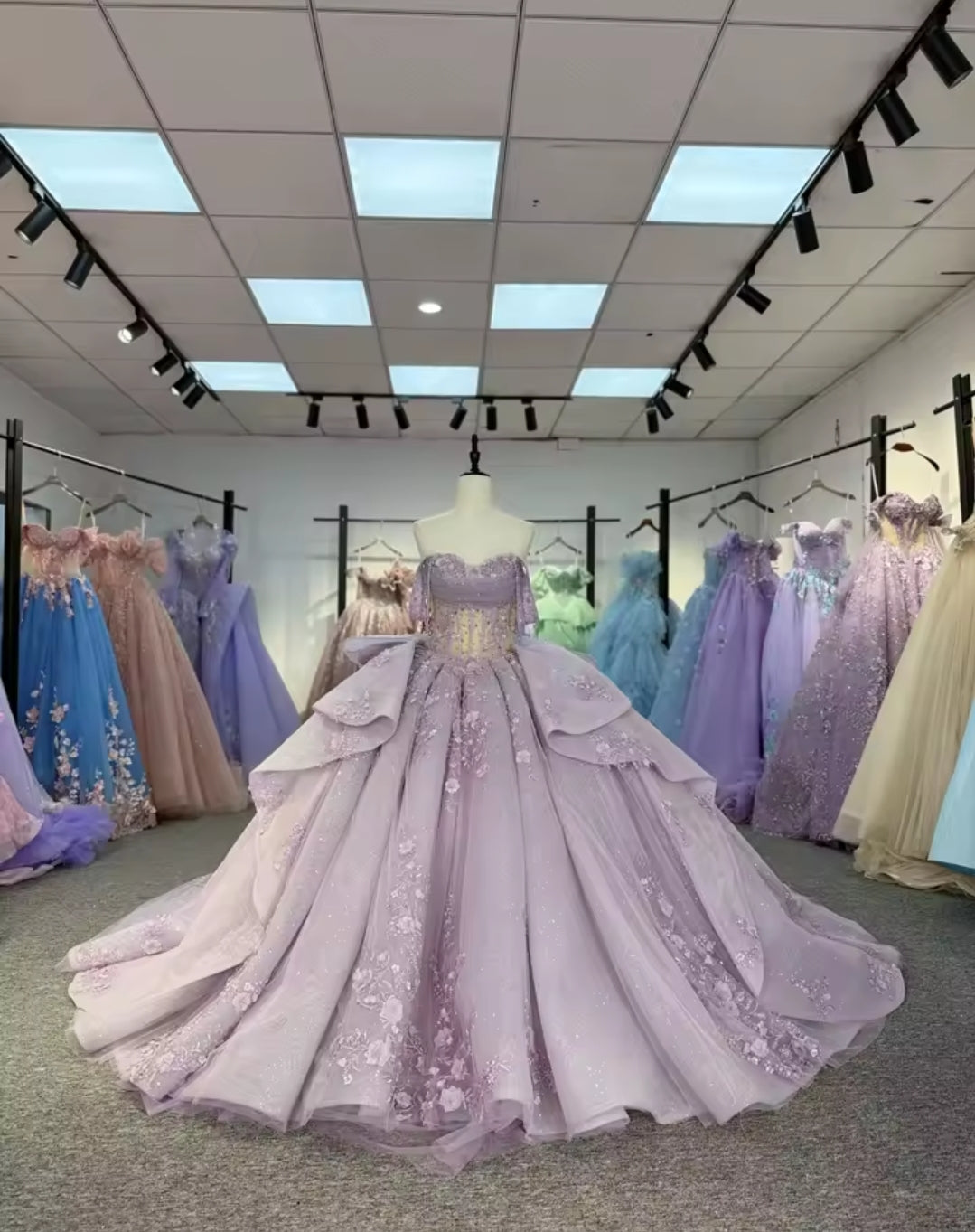 Purple Floral Scattered Tiered Multi Beaded Draped Off The Shoulder Corset Waist A-Line Quinceañera, Special Occasion, Pageant, Bat Mitzvah, Prom And Sweet 16 Ball Gown