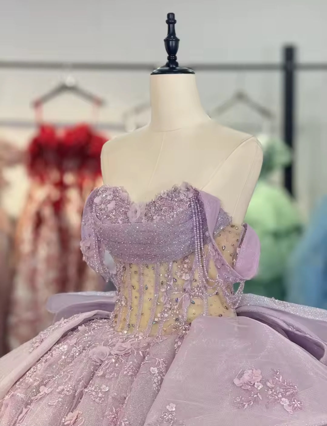 Purple Floral Scattered Tiered Multi Beaded Draped Off The Shoulder Corset Waist A-Line Quinceañera, Special Occasion, Pageant, Bat Mitzvah, Prom And Sweet 16 Ball Gown