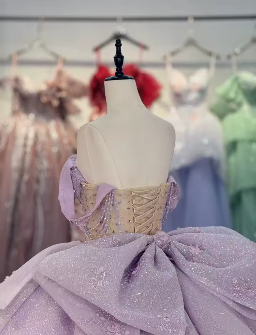Purple Floral Scattered Tiered Multi Beaded Draped Off The Shoulder Corset Waist A-Line Quinceañera, Special Occasion, Pageant, Bat Mitzvah, Prom And Sweet 16 Ball Gown