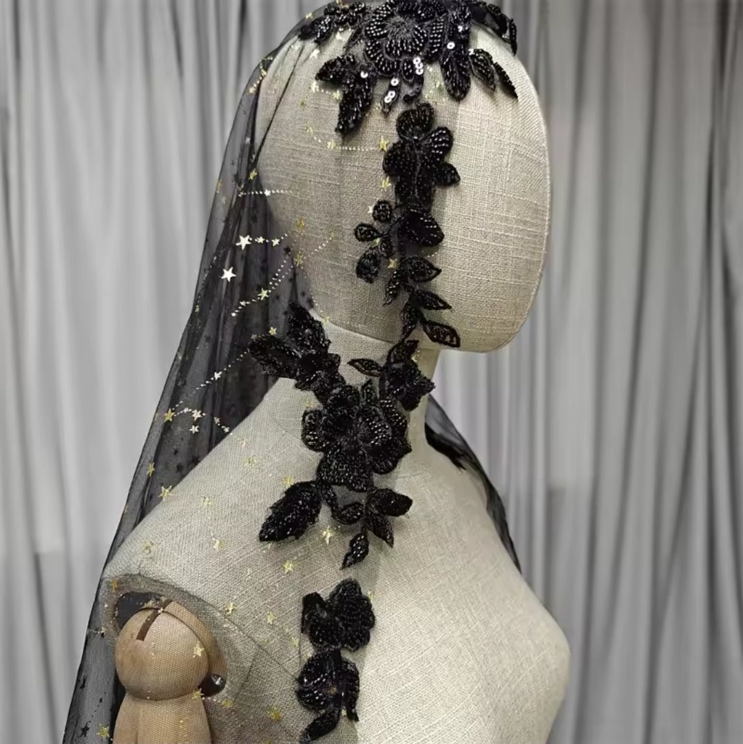 Black Elbow Length Floral Lace Trim Veil With Scattered Gold Star Detail