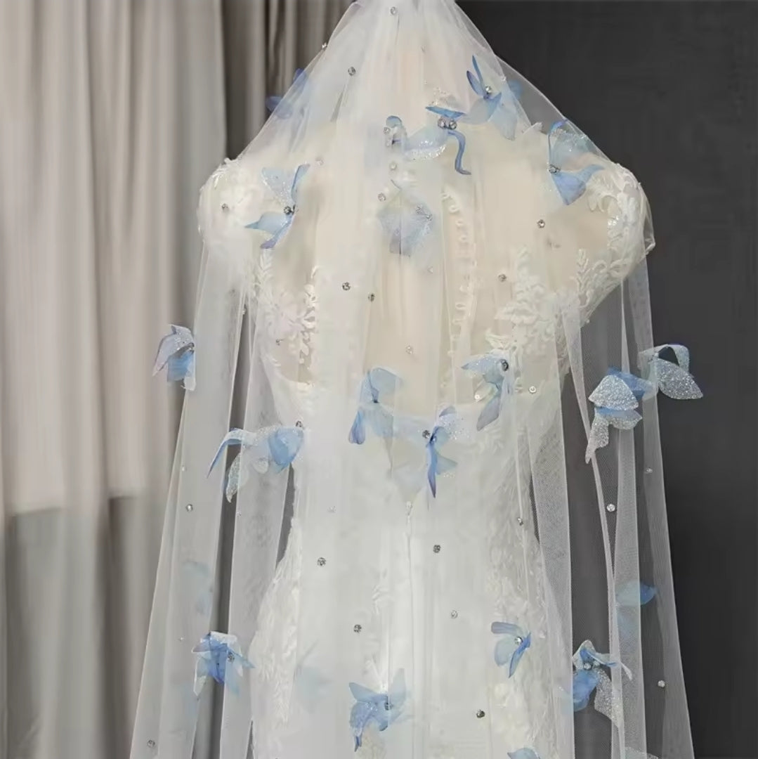 Fairytale Multi Beaded Beautiful Scattered Butterflies Bridal Veil With Comb