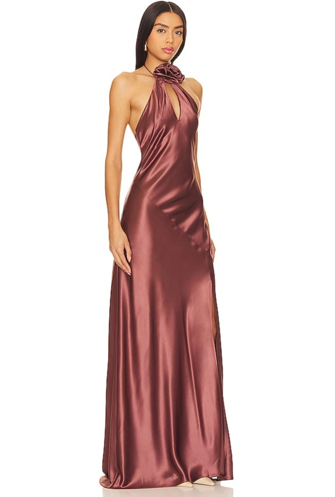 Lovely Satin Foral Motiff Halter Neck Peek Hole Bridesmaid/Maid Of Honor Dress With Thigh Split