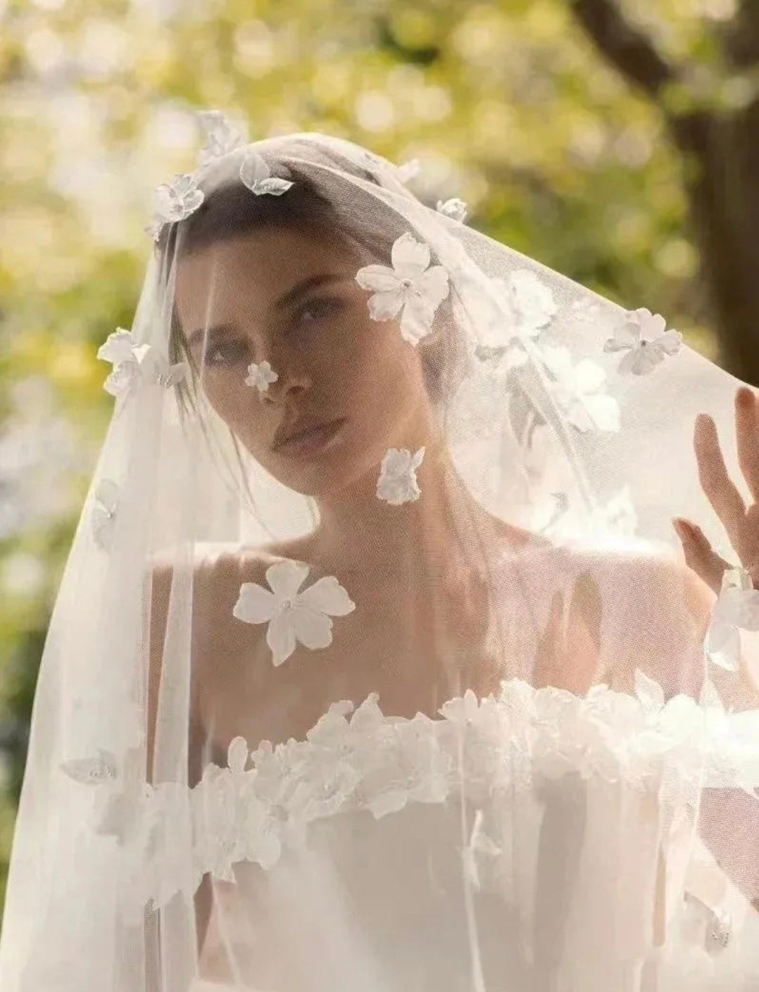 Satin Beaded Pearls & Flowers Off The Shoulder Gown With Detachable Train
