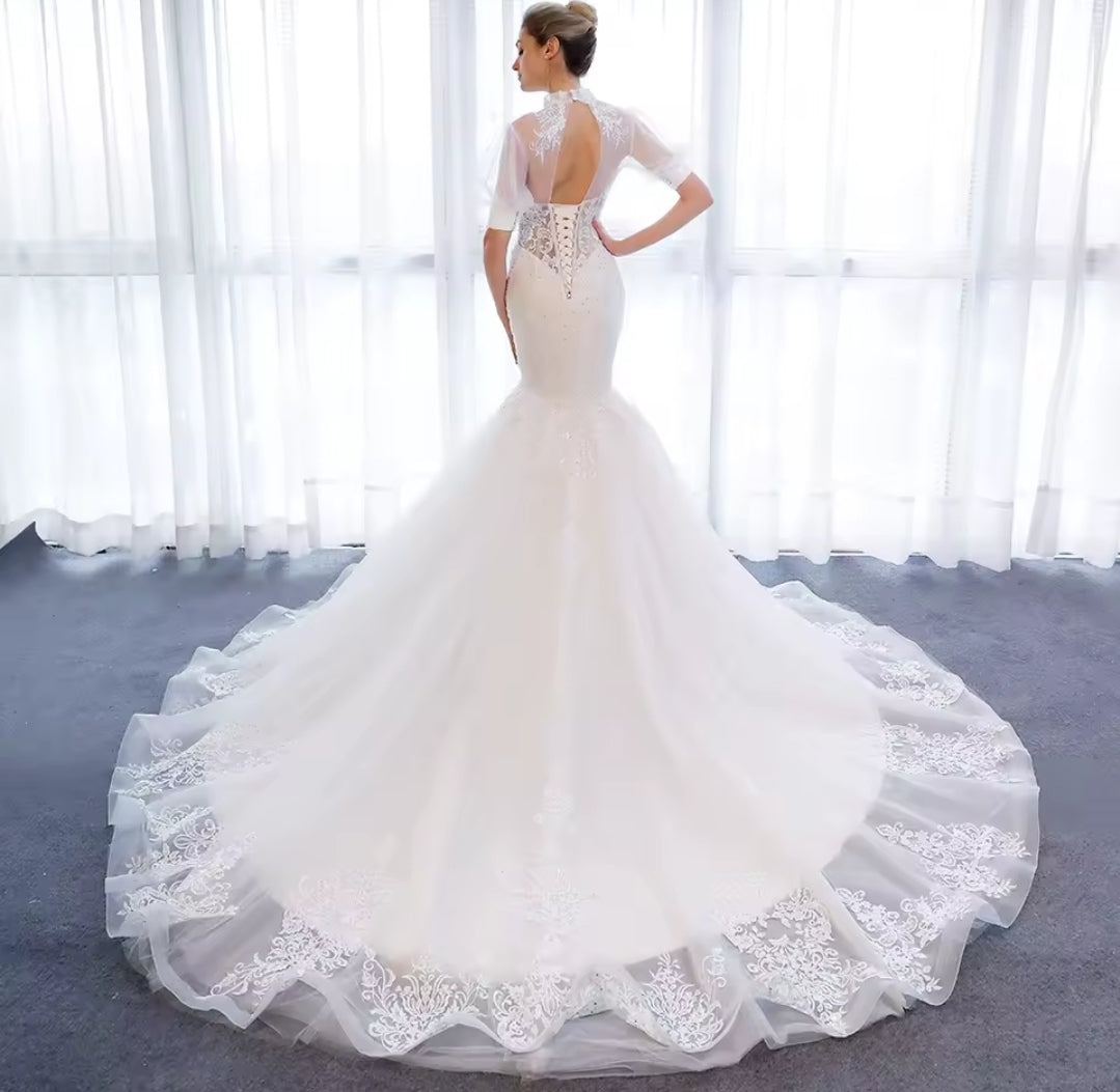 Ivory Sheer Half Sleeve Mid Neck Sheer Bodice With Lace Appliqué Detai Open Back Lace Up Fit To Flare Bridal Gown With 100 CM Train