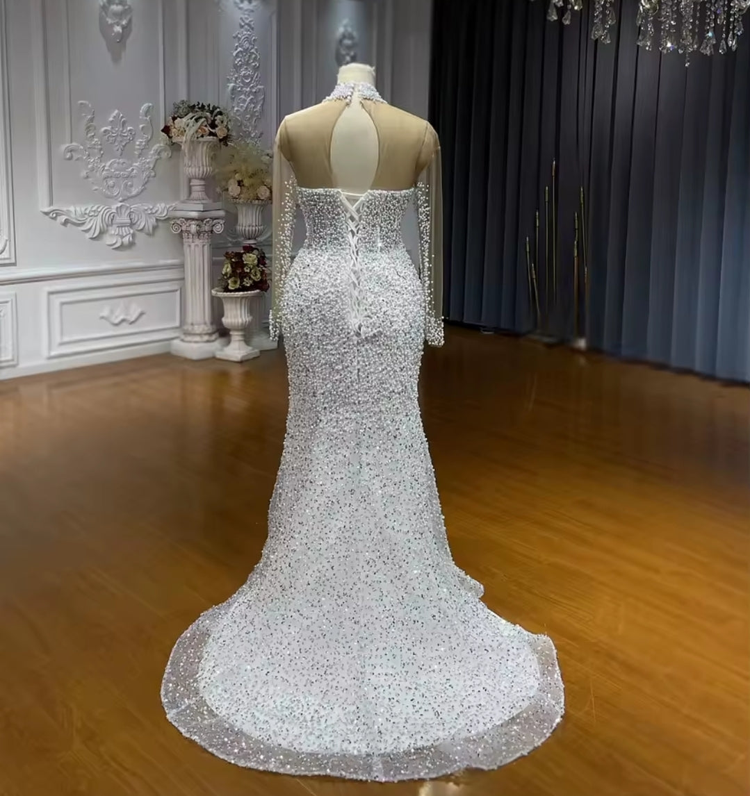 Beautiful Beaded And Sparkling Long Sleeve Beaded Collar Sweetheart Trumpet Gown With Detachable Train