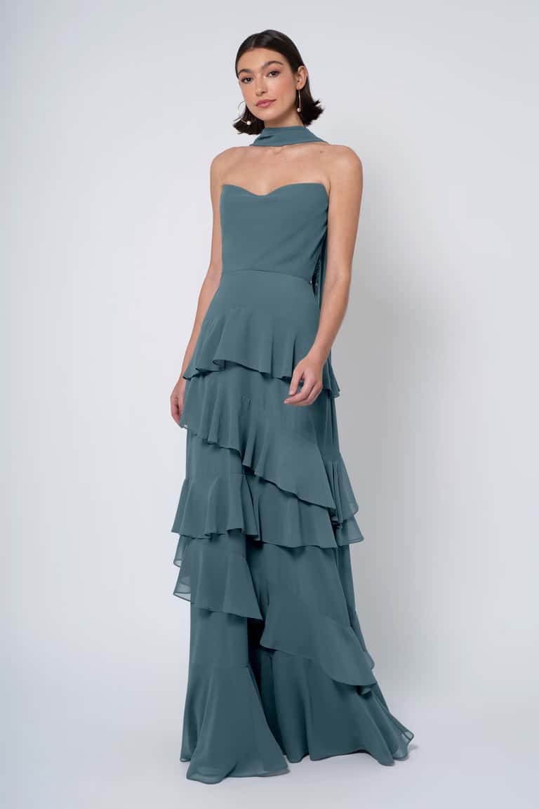 Strapless Chiffon Cowl Neck Bridesmaid Dress With Flattering Neck Scarf