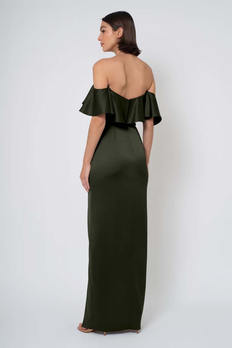 Sleek Flirtatious And Playful Satin Ruffled Off The Shoulder Neckline With A Elongating Column Skirt Bridesmaid Dress