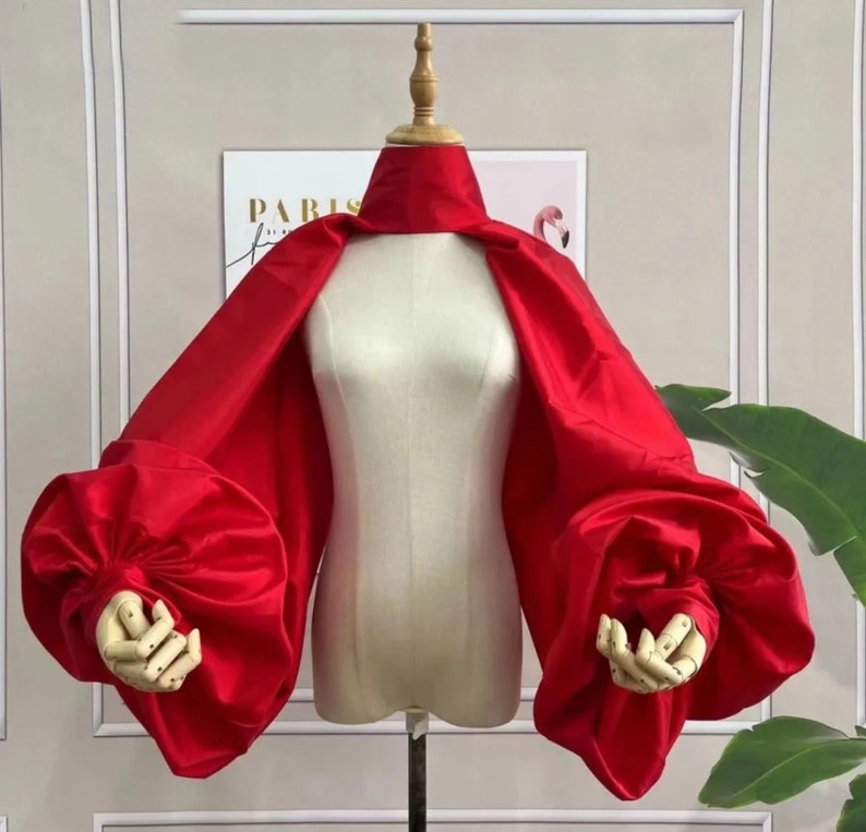 High Neck Minimalist Taffetta Open Back/Front Puff Sleeve Bolero