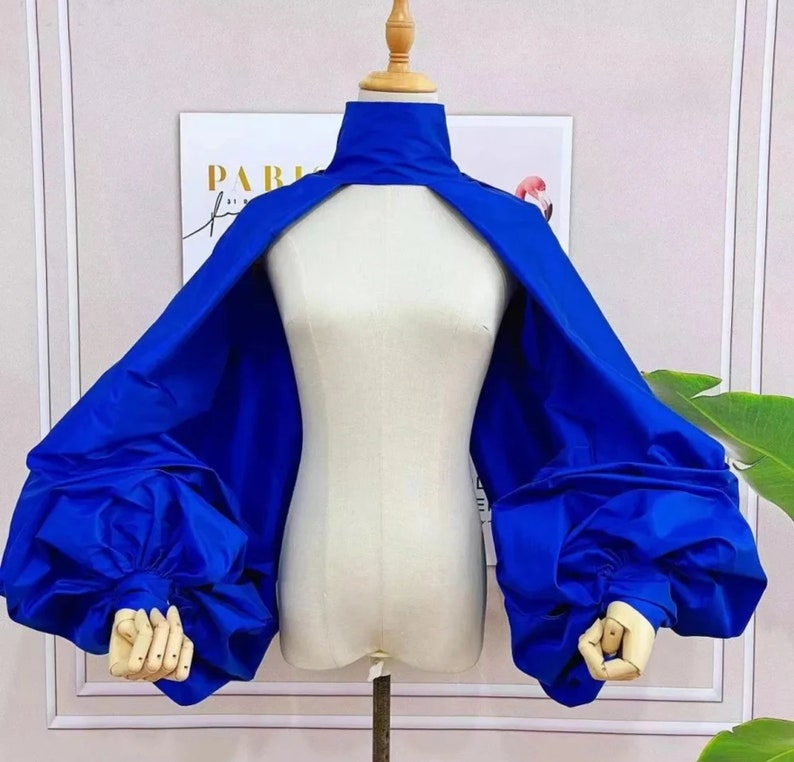 High Neck Minimalist Taffetta Open Back/Front Puff Sleeve Bolero