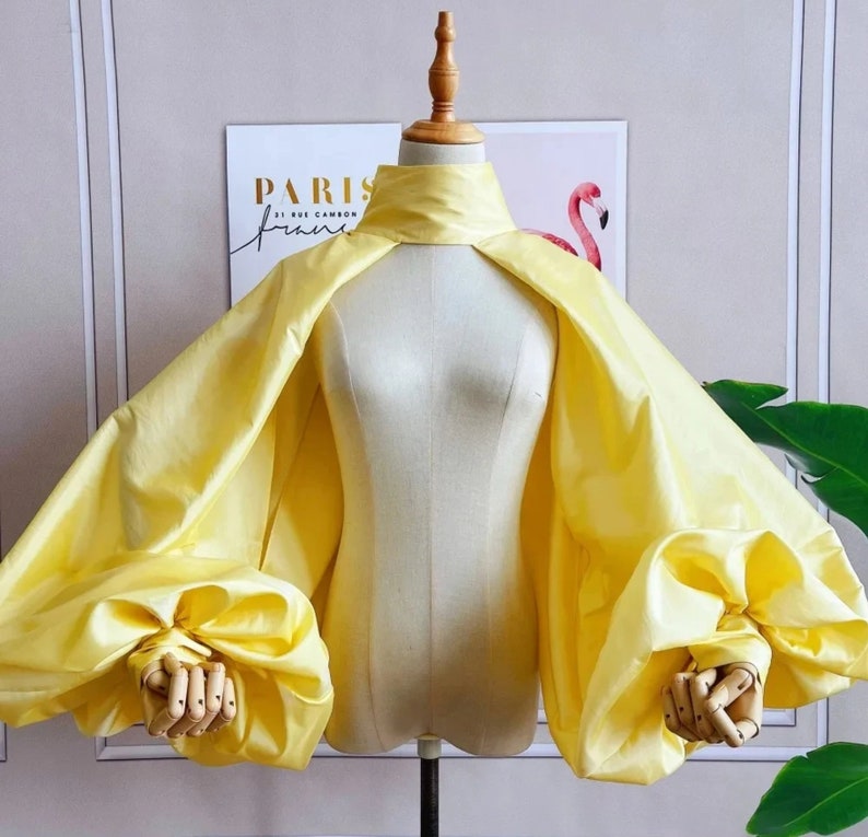High Neck Minimalist Taffetta Open Back/Front Puff Sleeve Bolero