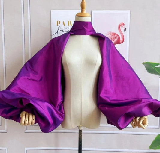 High Neck Minimalist Taffetta Open Back/Front Puff Sleeve Bolero