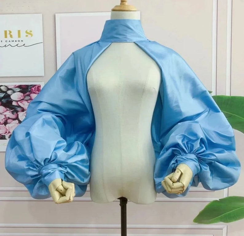 High Neck Minimalist Taffetta Open Back/Front Puff Sleeve Bolero
