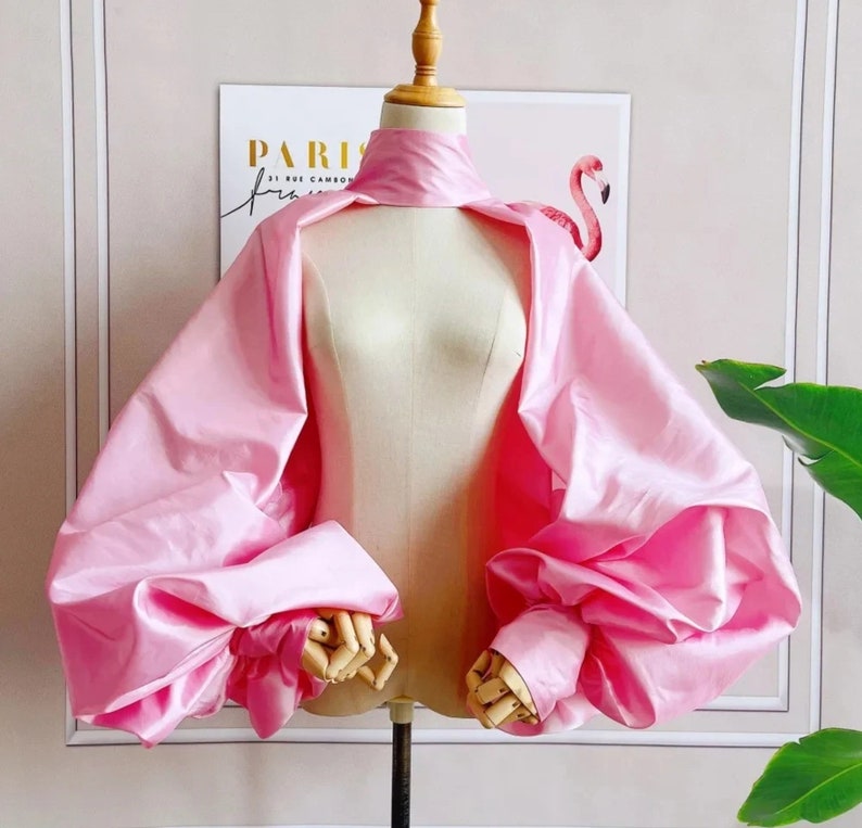 High Neck Minimalist Taffetta Open Back/Front Puff Sleeve Bolero