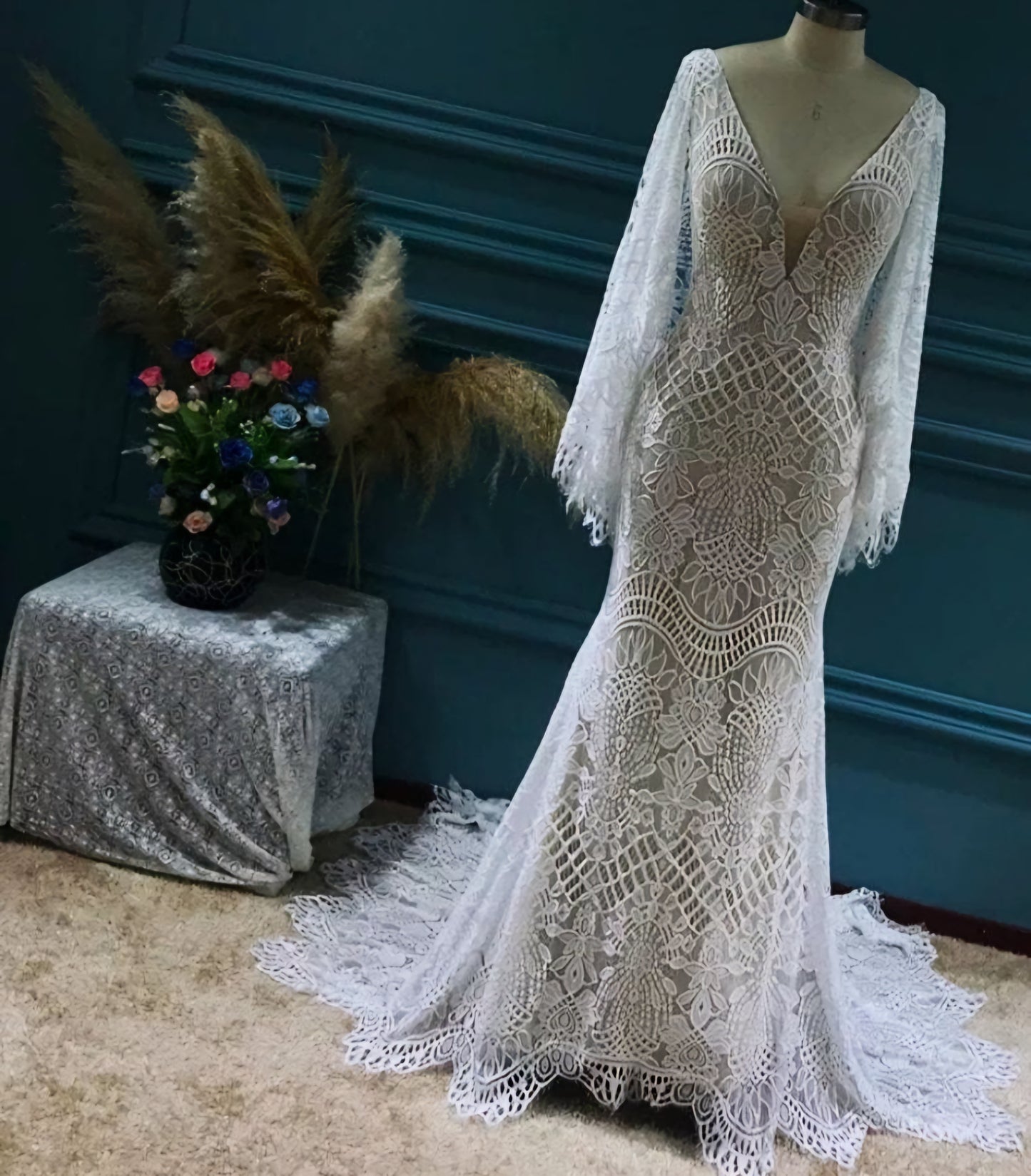 Flutter Sleeve Boho Plunging V-Neck Laced Gown