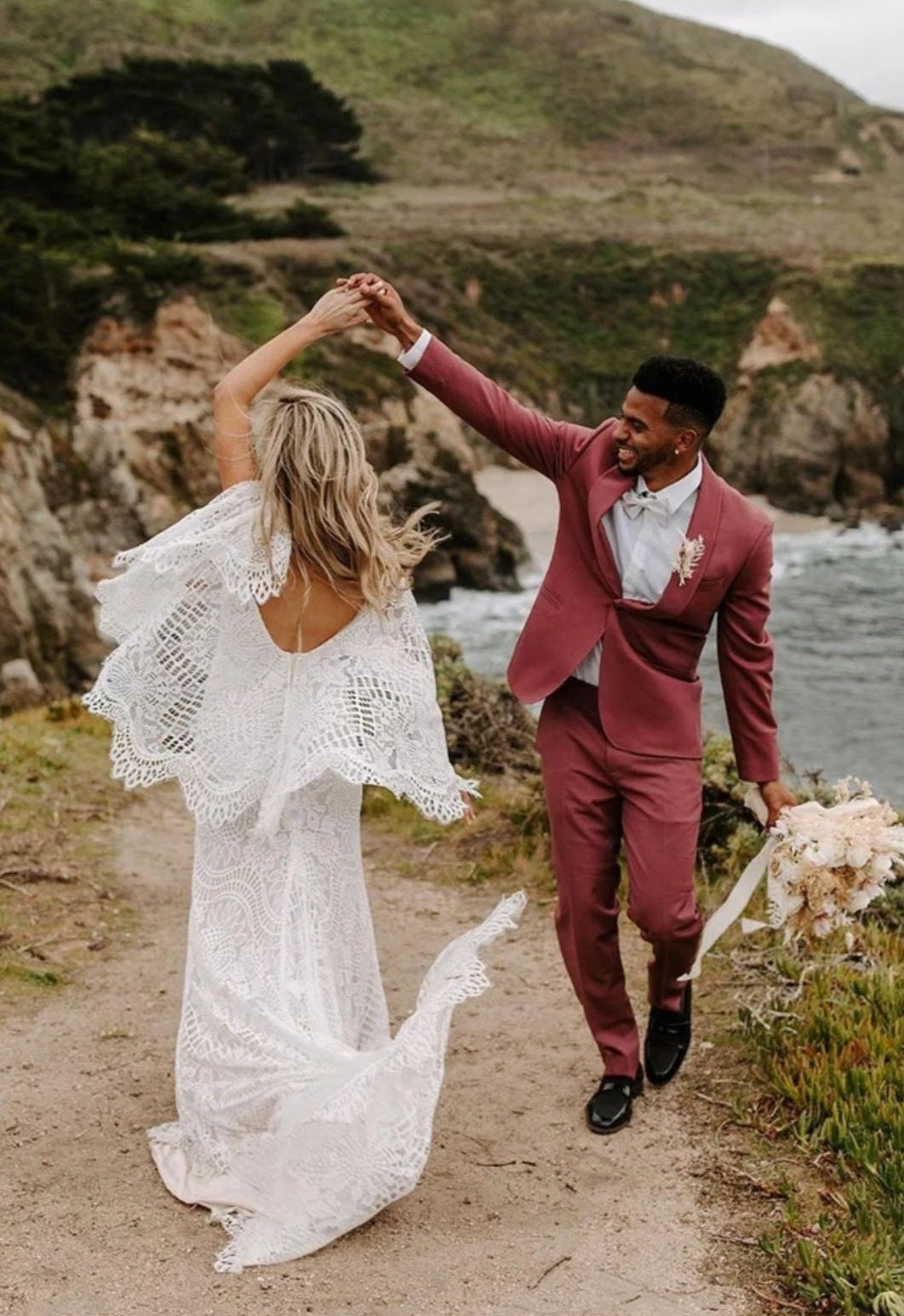 Flutter Sleeve Boho Plunging V-Neck Laced Gown