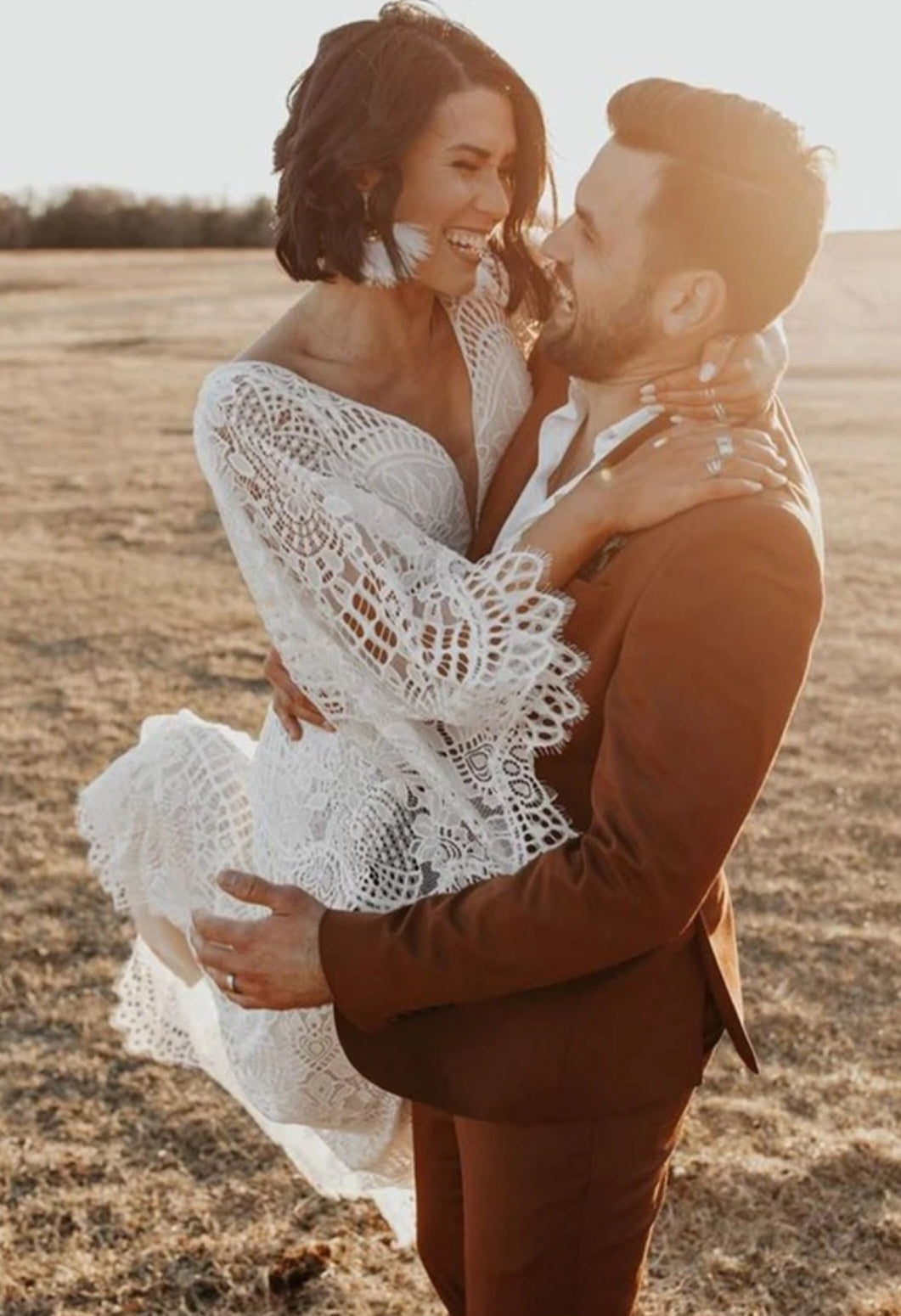 Flutter Sleeve Boho Plunging V-Neck Laced Gown