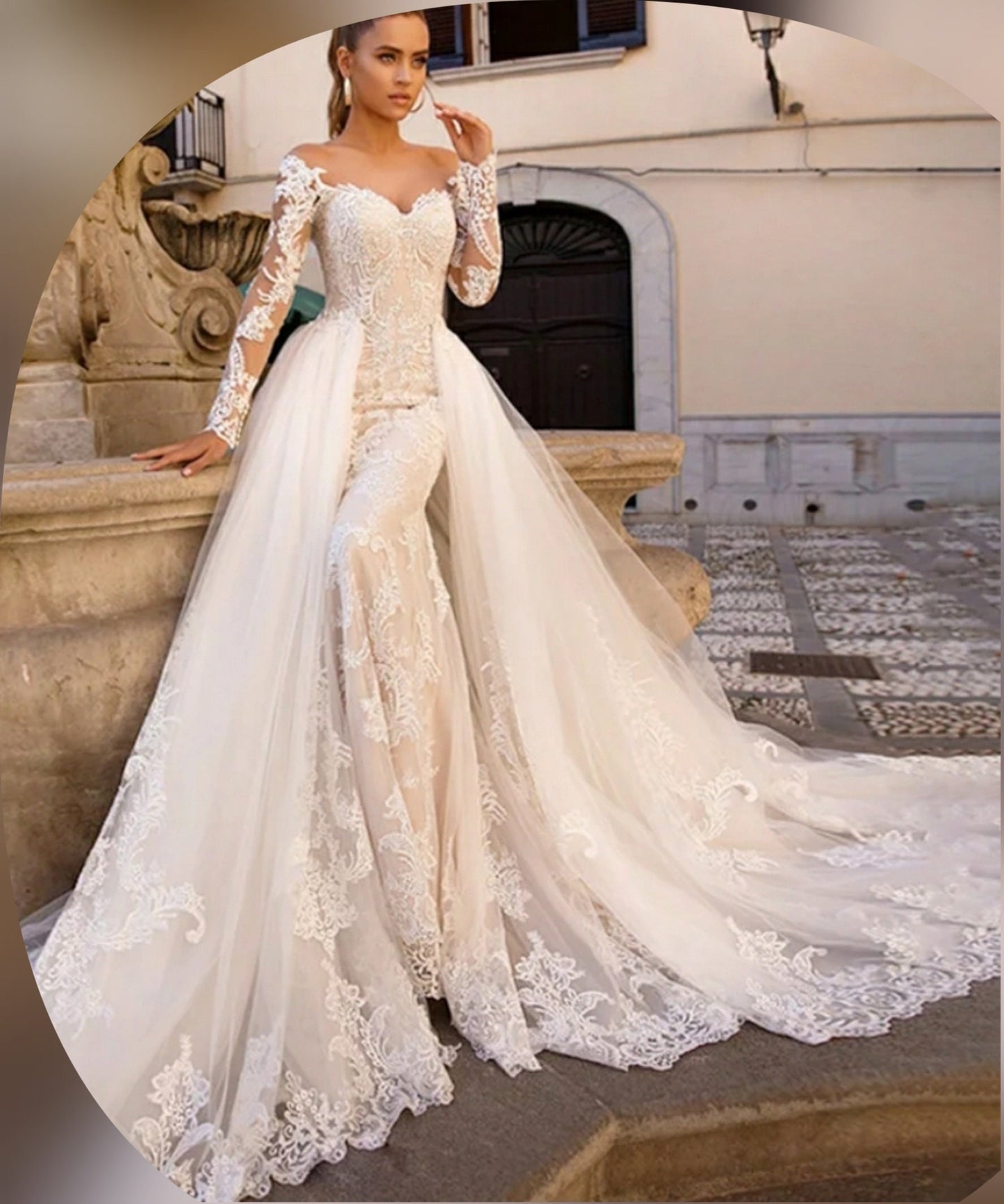 Long Sleeve Lace Mermaid Bridal Gown With Detachable Train