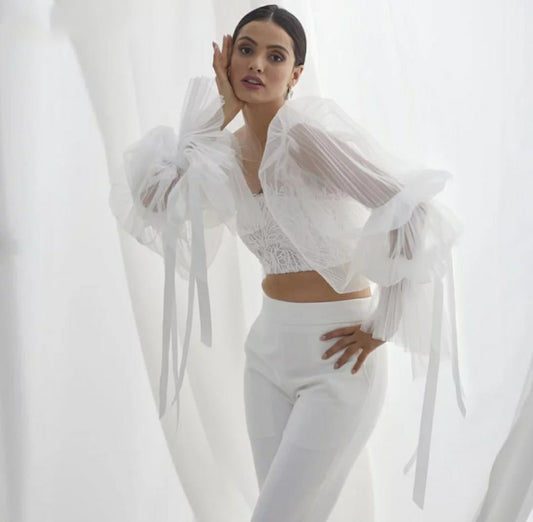 Detached Pleated Tulle & Ribbon Full Length Sleeves