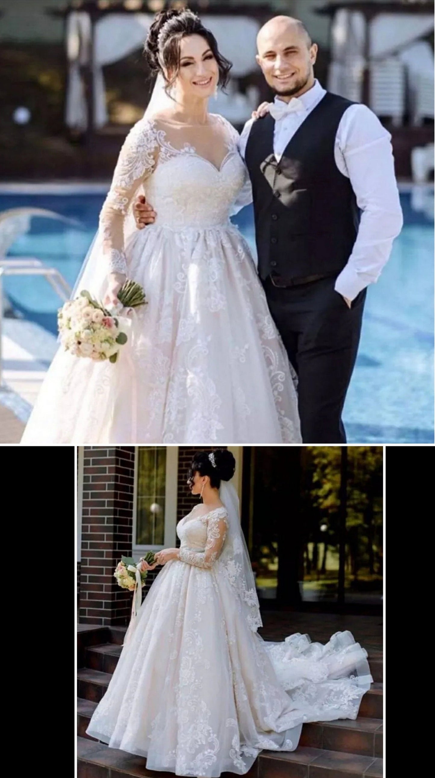 Romantic Long Sleeve Sheer Scroll Sweetheart Neckline Embroidered Princess A-Line Wedding Gown