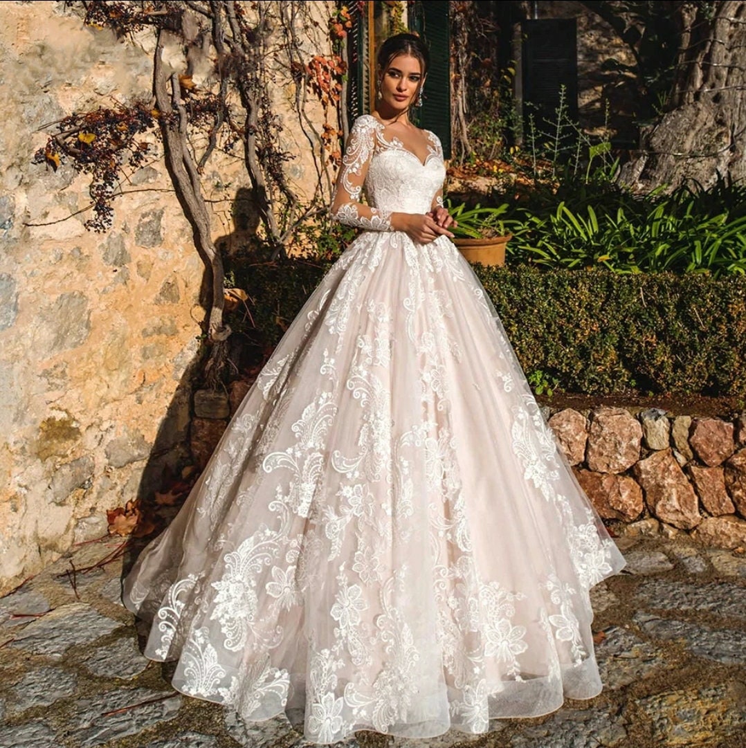 Romantic Long Sleeve Sheer Scroll Sweetheart Neckline Embroidered Princess A-Line Wedding Gown