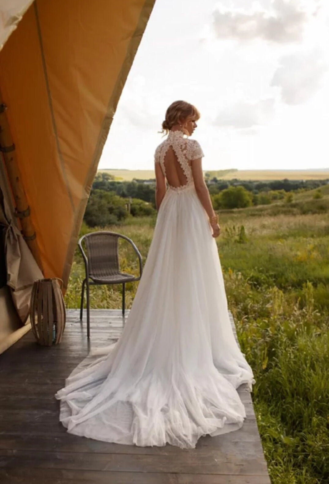 High Neck Vintage Lace With Open Back Boho Beach Wedding Dress
