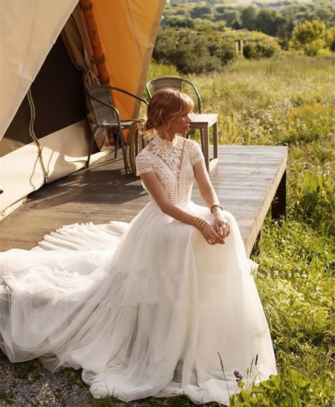 High Neck Vintage Lace With Open Back Boho Beach Wedding Dress