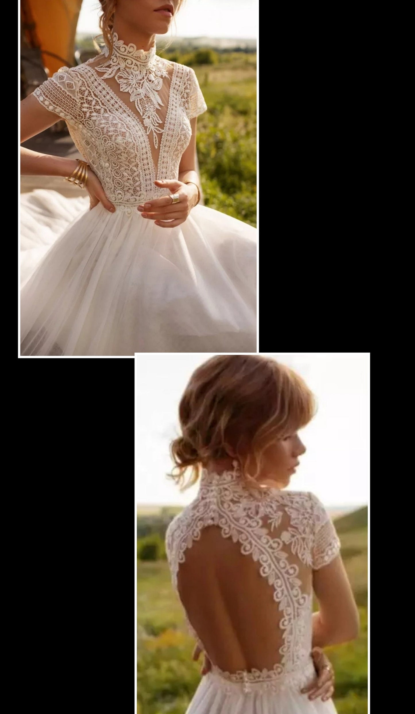 High Neck Vintage Lace With Open Back Boho Beach Wedding Dress
