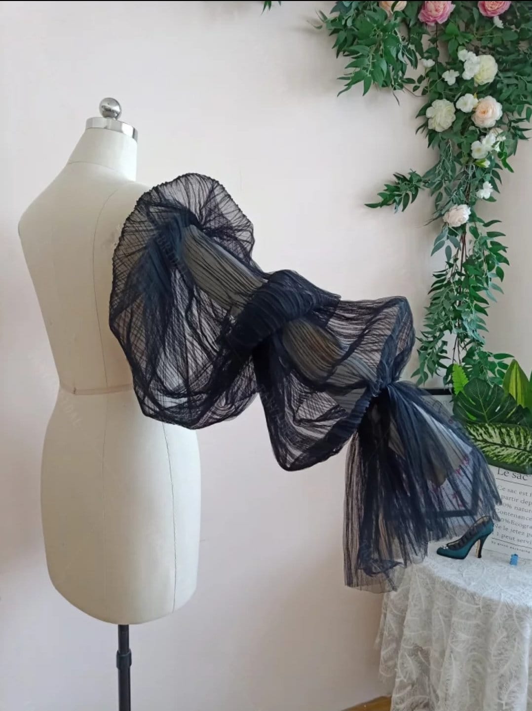 Detached Pleated Tulle & Ribbon Full Length Sleeves
