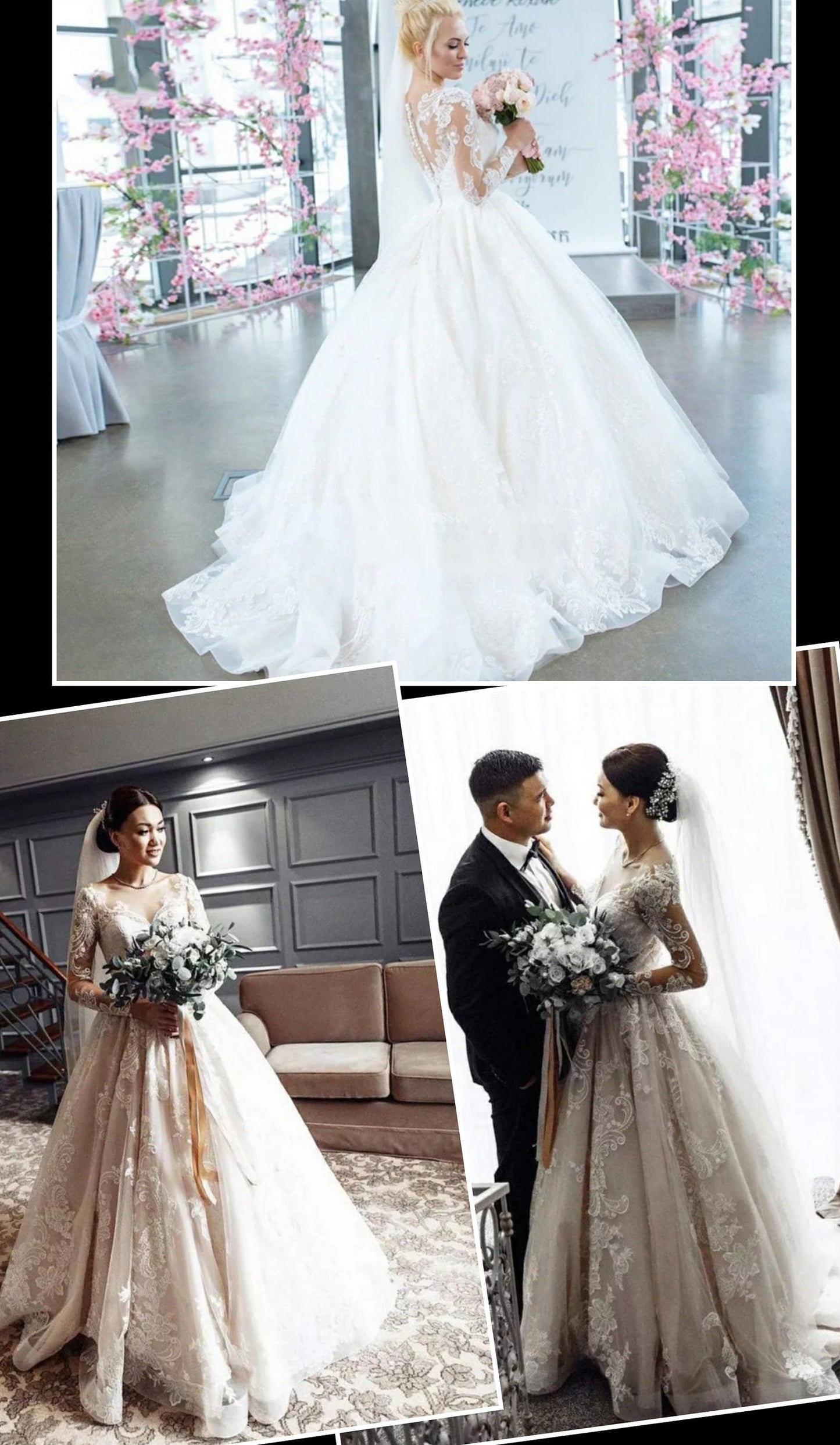 Romantic Long Sleeve Sheer Scroll Sweetheart Neckline Embroidered Princess A-Line Wedding Gown