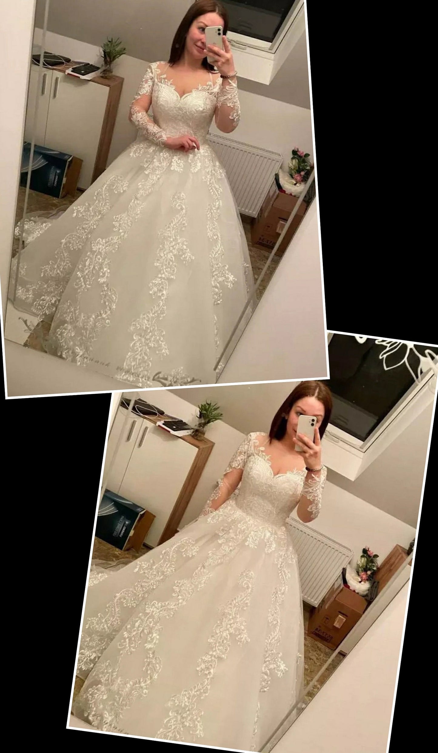 Romantic Long Sleeve Sheer Scroll Sweetheart Neckline Embroidered Princess A-Line Wedding Gown