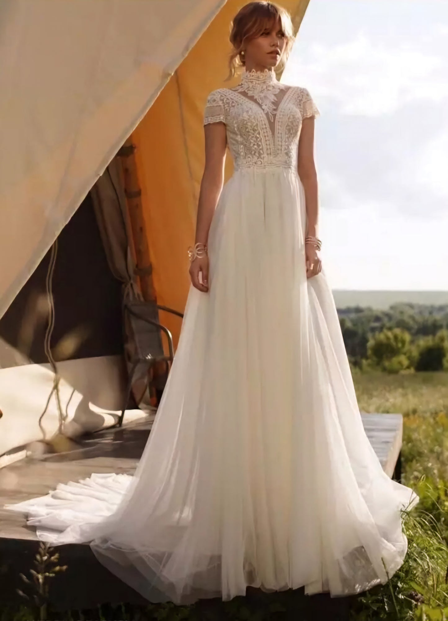 High Neck Vintage Lace With Open Back Boho Beach Wedding Dress