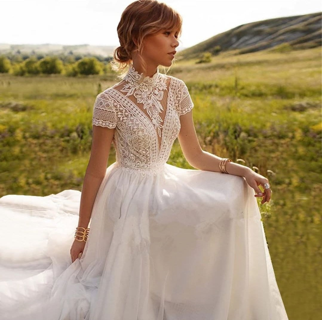 High Neck Vintage Lace With Open Back Boho Beach Wedding Dress WenLeeBridal High Neck Vintage Lace With Open Back Boho Beach Wedding Dress WenLeeBridal