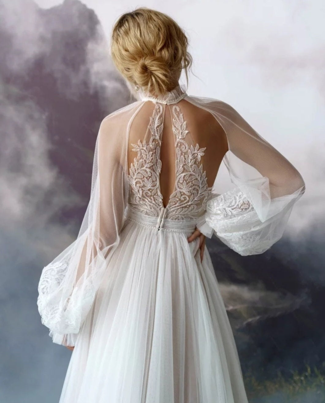 Romantic Sheer Lace & Pearls Halter Style Detached Full Bridal Sleeves