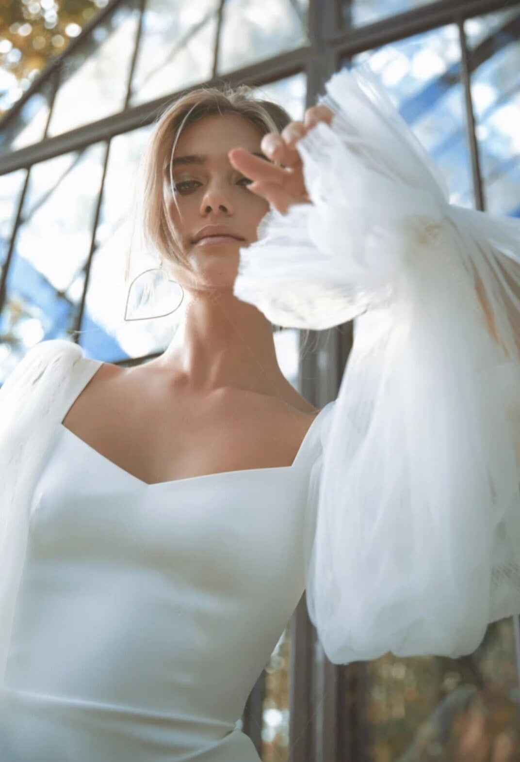 Contemporary Plisse Tulle Stretch Crepe Full Statement Detached Sleeves