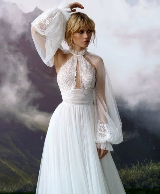 Romantic Sheer Lace & Pearls Halter Style Detached Full Bridal Sleeves