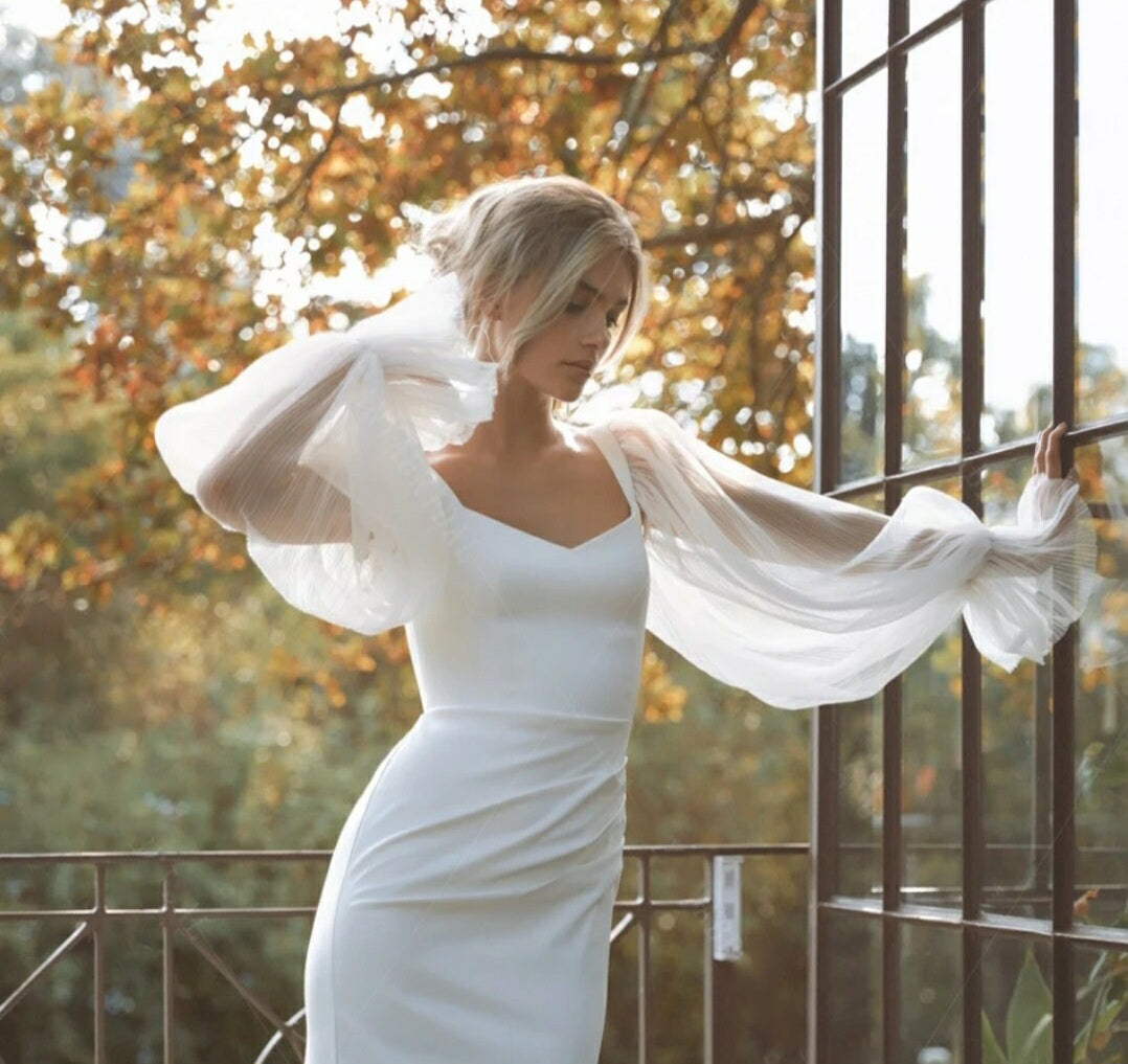 Contemporary Plisse Tulle Stretch Crepe Full Statement Detached Sleeves